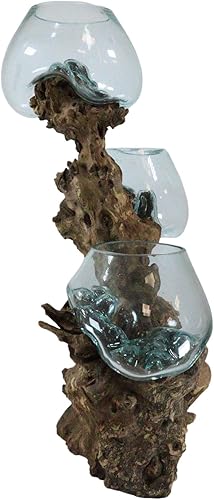 Miniatura 7 de Ebros Gift Madera balinesa balinesa hecha a mano de madera natural Gamal con 3 cuencos de vidrio fundido soplado a mano de 25 pulgadas de alto,