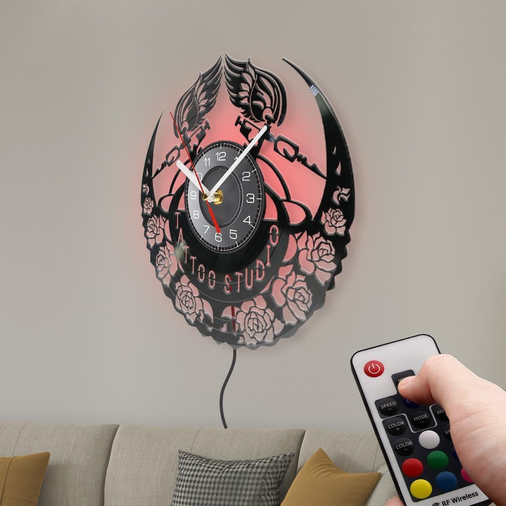 12 Inch Tattoo Clock 7 Colors Changing, Tattoo Studio Shop Decoration Clocks LED Night Light Silent Movement Clock Wall Watch Tattoos Decor for Shop Tattoo Artists Gifts