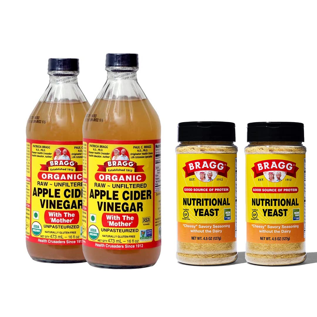 Bragg Organic Apple Cider Vinegar 16 Ounce, 2 Pack and Nutritional Yeast Seasoning 4.5 Ounce, 2 Pack
