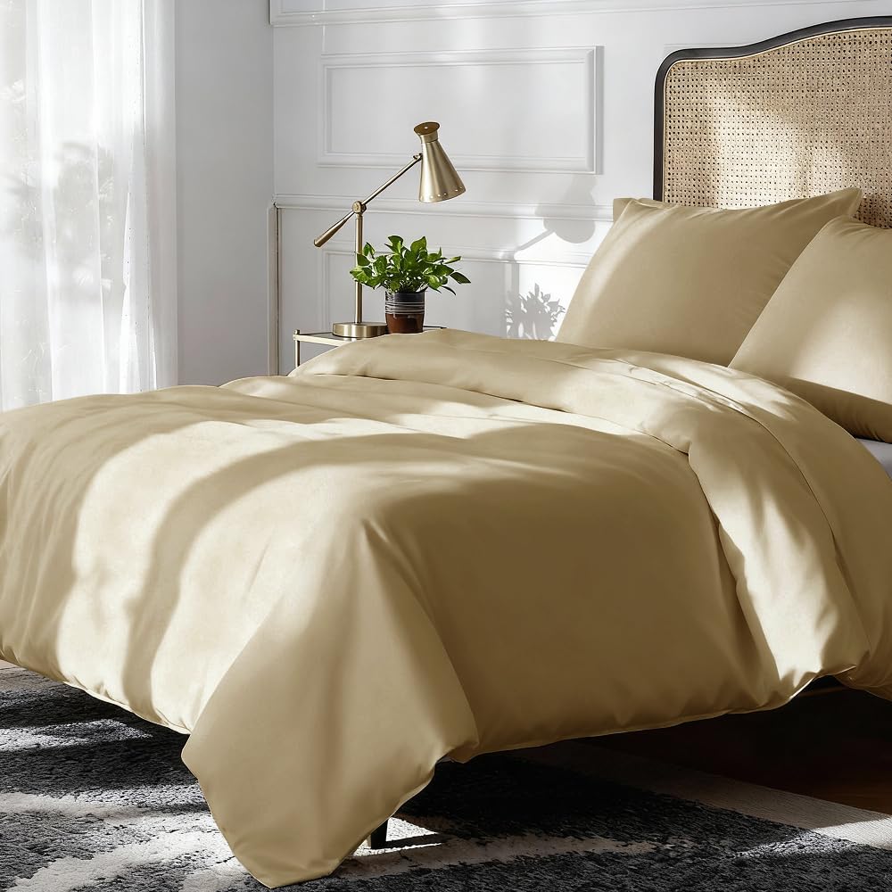 CGK Unlimited Set copripiumino Beige 3 pezzi 240x220 cm - Morbido in microfibra poliestere, elegante e resistente con 2 federe 65x65 cm lavabile in lavatrice, con chiusura a cerniera e lacci.