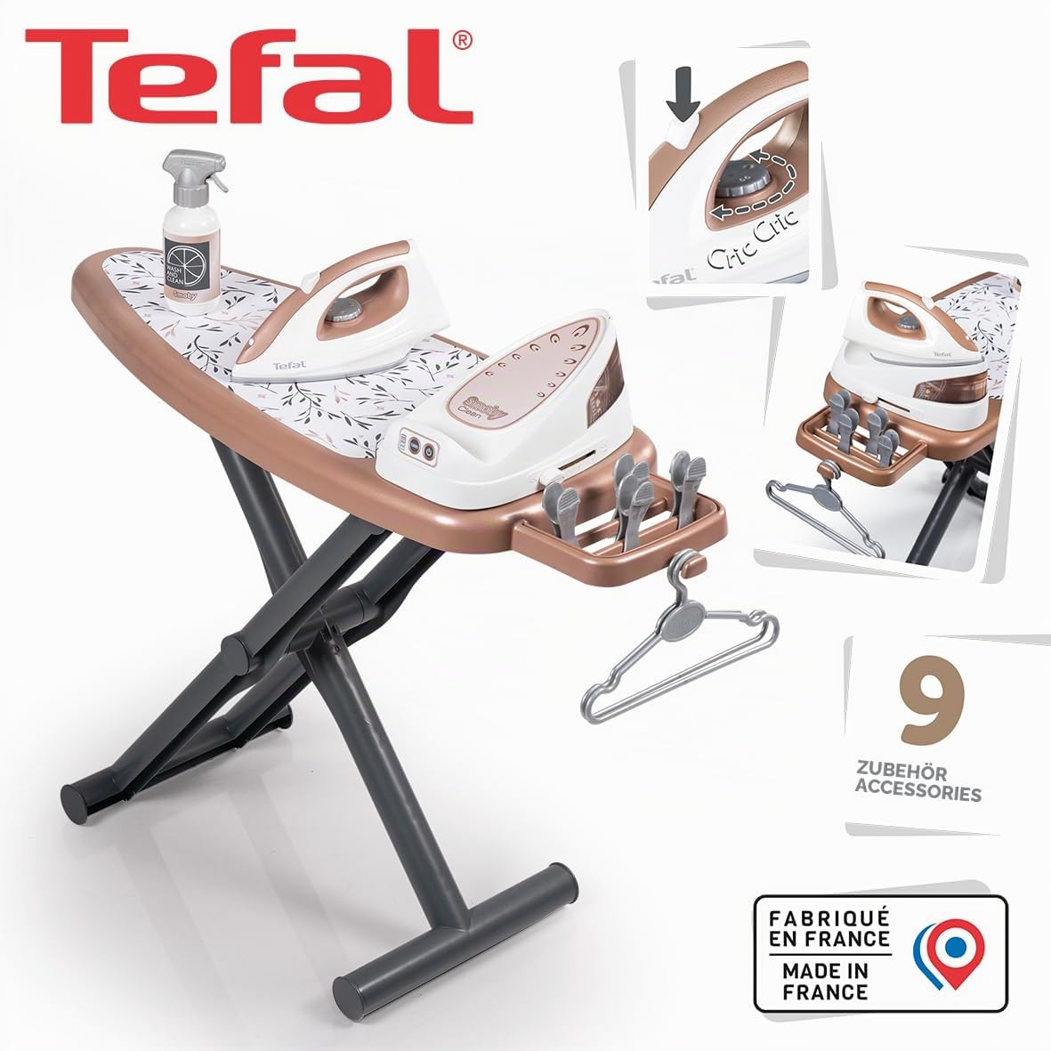 Smoby - Tefal Bügelbrett mit Dampfstation - Bügelstation + Dampfbügelset – faltbar, mit Bügeleisen, Kleiderbügeln & Zubehör - Haushalts-Rollenspiel - für Kinder ab 3 Jahren