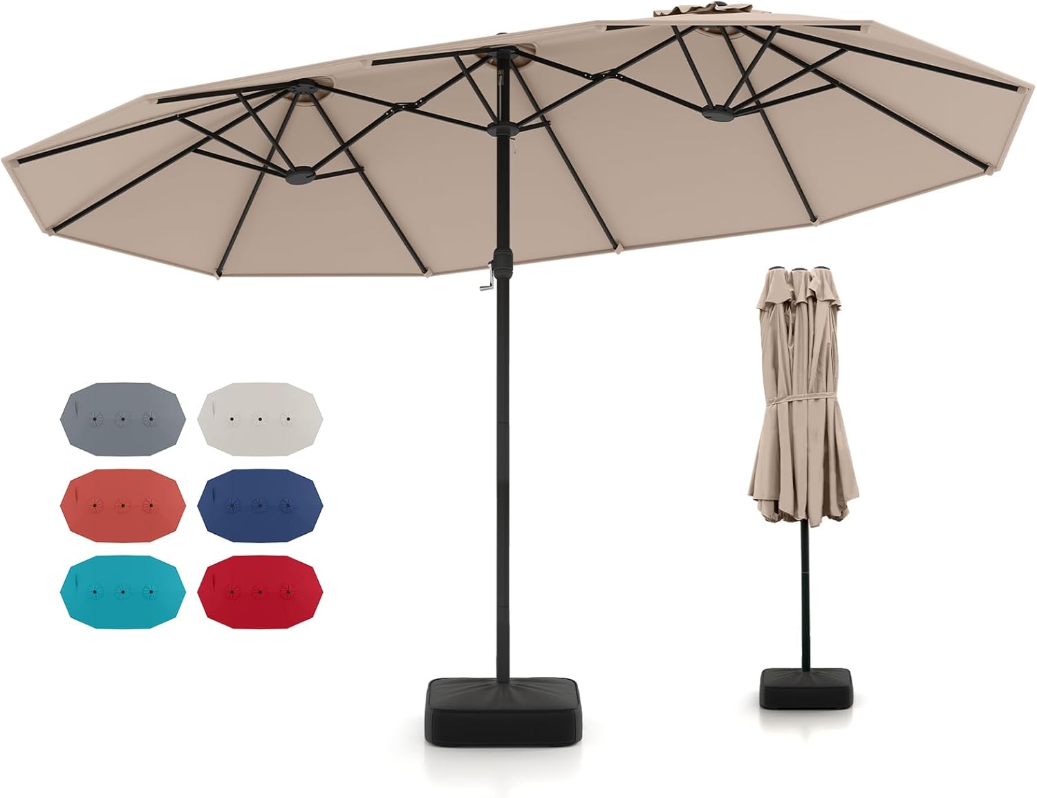 BECOMFORT 15Ft Large Double Side Patio Umbrella w/Base Included, Extra Large Outdoor Umbrella w/ 12 Metal Ribs, Air Vents, Crank System & Sand Bags, Twin Umbrella For Garden Backyard Pool (Coffee)