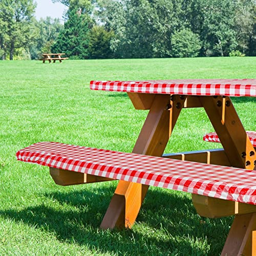 Oudain 6 Pcs Vinyl Picnic Table And Bench Cover Waterproof Fitted Rectangular Table Cover Elastic Edge Design Flannel Backing Plastic Table Cloth For Indoor Outdoor Camping, 30 X 72 Inch (Red, White) #TOP2