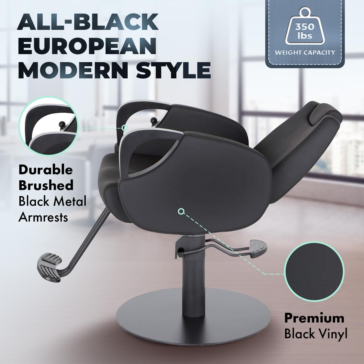 Buy-Rite Venus Noir Reclining Salon Chair with Black Metal armrests, Heavy-Duty Round Base, Adjustable headrest, and Durable Vinyl Upholstery. Model YLG-375A-BLACK-BLACKFLATROUND.