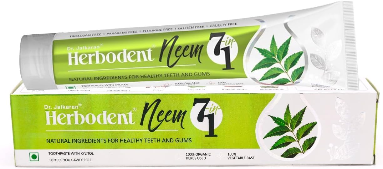 NEEM 7 in 1 Toothpaste- 6.53oz/185g Pack of 1 | Organic Herbs-Neem, Black Seed & Xylitol for Anti Cavity, Cardamom & Mint for Freshness, Baking Soda for great Cleaning-No Fluoride & Paraben