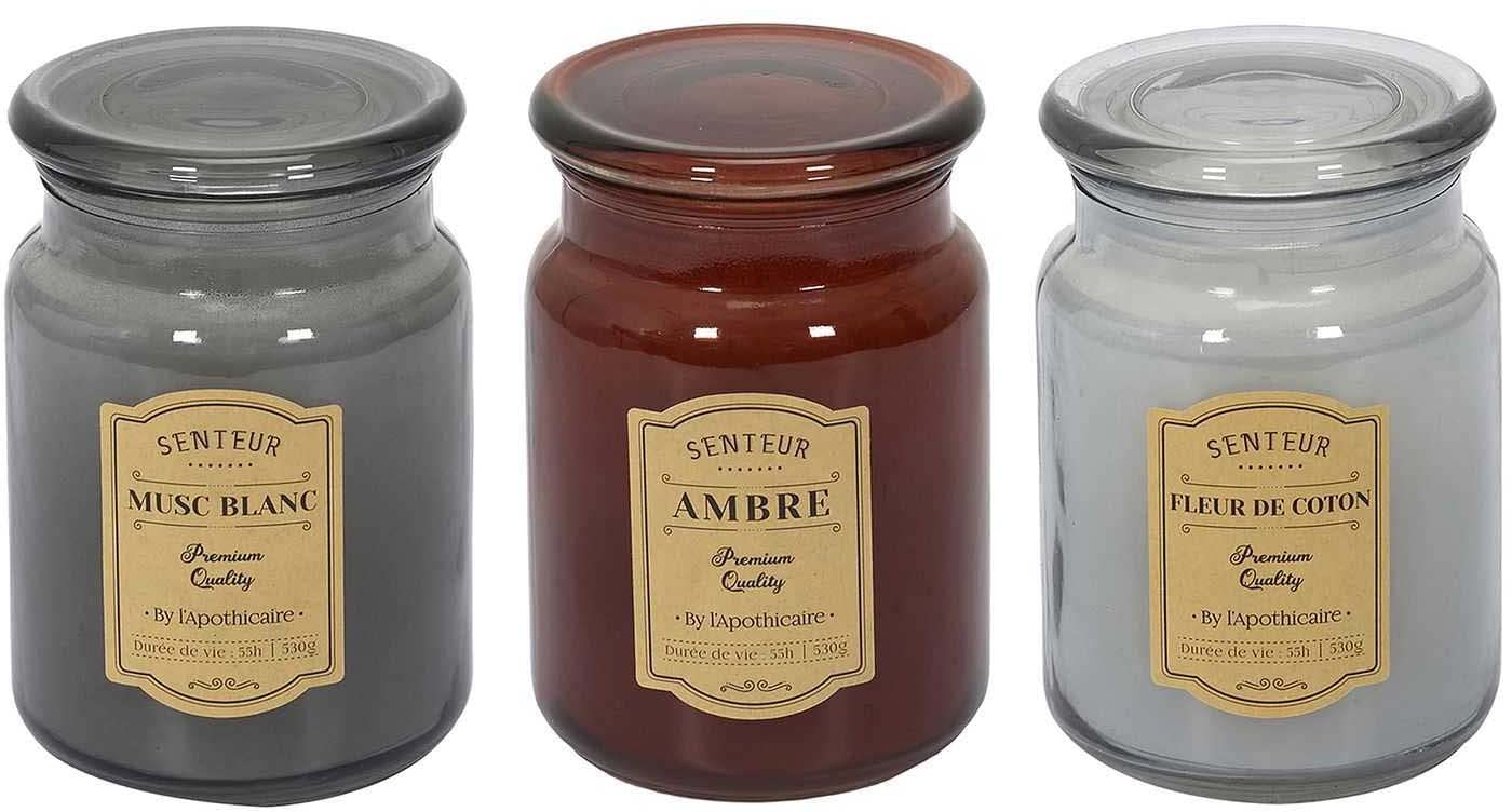 THE HOME DECO FACTORY Apotheker-Duftkerze im Glas, 3 Stück, weißer Moschus - Bernstein und Baumwollblüte, 9,40 x 14,50 cm, weiß