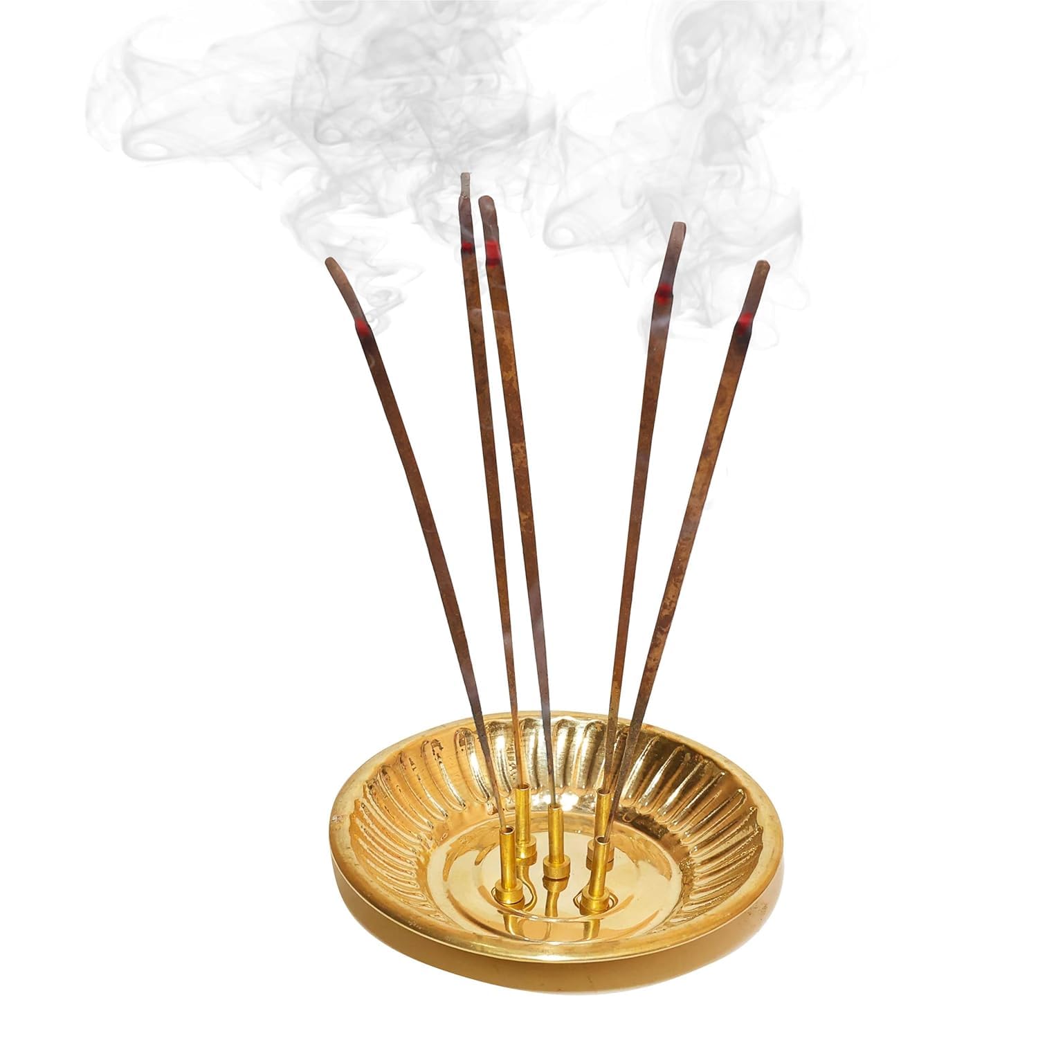 Pure Source India Brass Incense Sticks Holder, Agarbatti Stand with Ash Catcher, 4 Inch, Gold(Round)