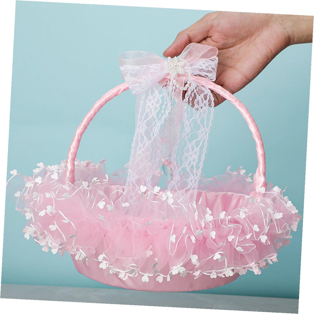 Ipetboom Lace Wedding Flower Girl Basket Portable Handheld Flower Holder Foldable Pink for Ceremony Supplies