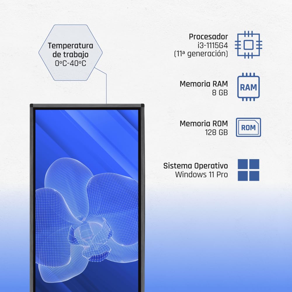 iggual Tótem Digital Interactivo Orchid 55" 4K UHD Alto Brillo-Pantalla Profesional de Señalización y Publicidad Táctil-Procesador i3-1115G- Windows 11 Pro-8GB RAM + 128GB SSD-WiFi 2x10W Altavoces