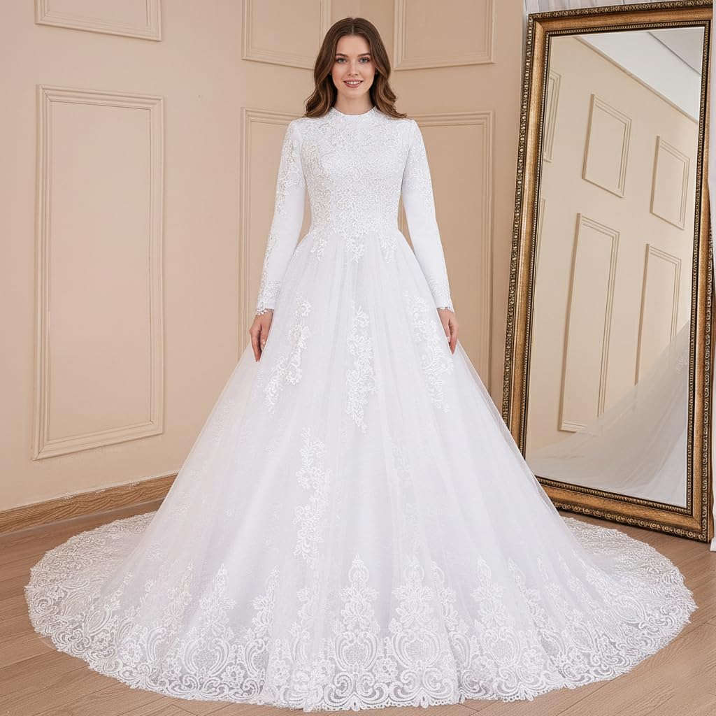 Abito da Sposa principesco Perline Pizzo Manica Lunga Grand Vestito da Sposa Lungo Treno BA-MU570