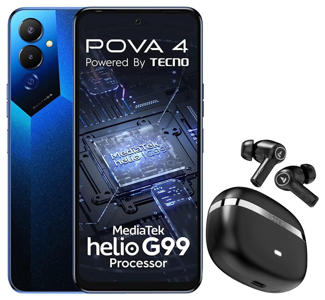 Tecno POVA 4 (Cryolite Blue,8GB RAM,128GB Storage)| 6nm & Boat Nirvana Ion with 120 Hrs Playb