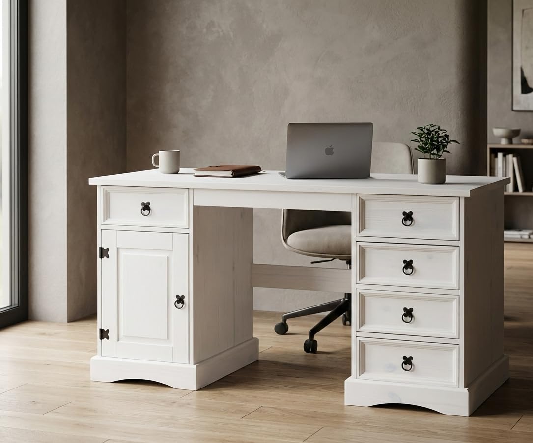Hacienda-Look – Schreibtisch New Mexiko 5+1 Arbeitstisch PC Computer Büro Tisch weiß – 141x76x47 cm – 5 Schublade(n) – Massive Kiefer – Farbe Weiß – Hacienda-Stil – wärmender Massivholz-Look