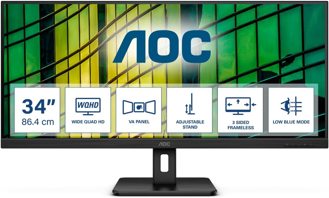 AOC U34E2M - Monitor WQHD da 34 pollici, 100 Hz, 4 ms, sincronizzazione adattiva (3440x1440, HDMI, DisplayPort), colore nero AOC U34E2M - Monitor WQHD da 34 pollici, 100 Hz, 4 ms, sincronizzazione adattiva (3440x1440, HDMI, DisplayPort), colore nero
