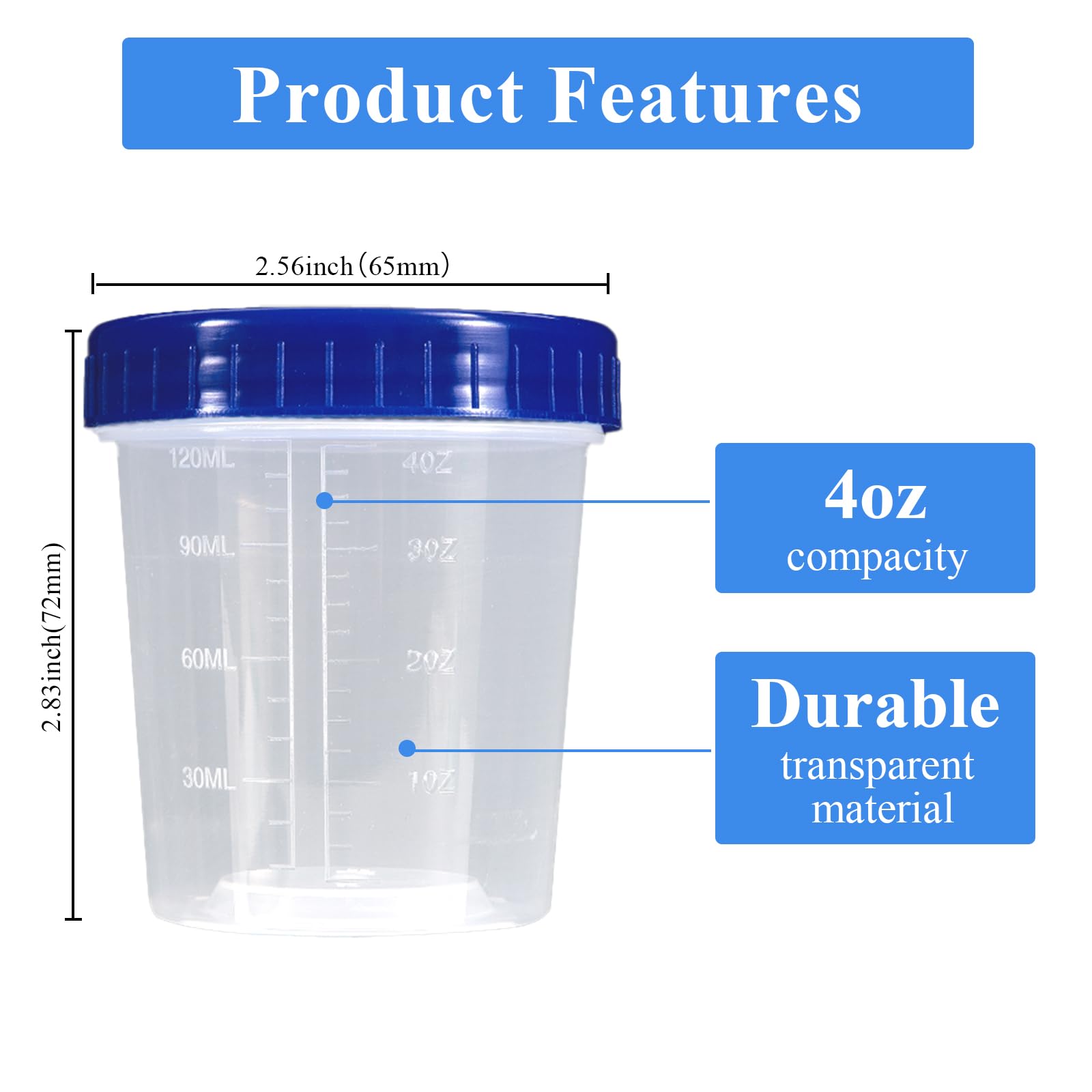 100 Stück Urinbecher mit Schraubdeckel 120ml - Auslaufsicherer Probenbecher mit Skala, Transparenter Probenbehälter für Urinproben, Labor & als Farbmischbecher (Blau)