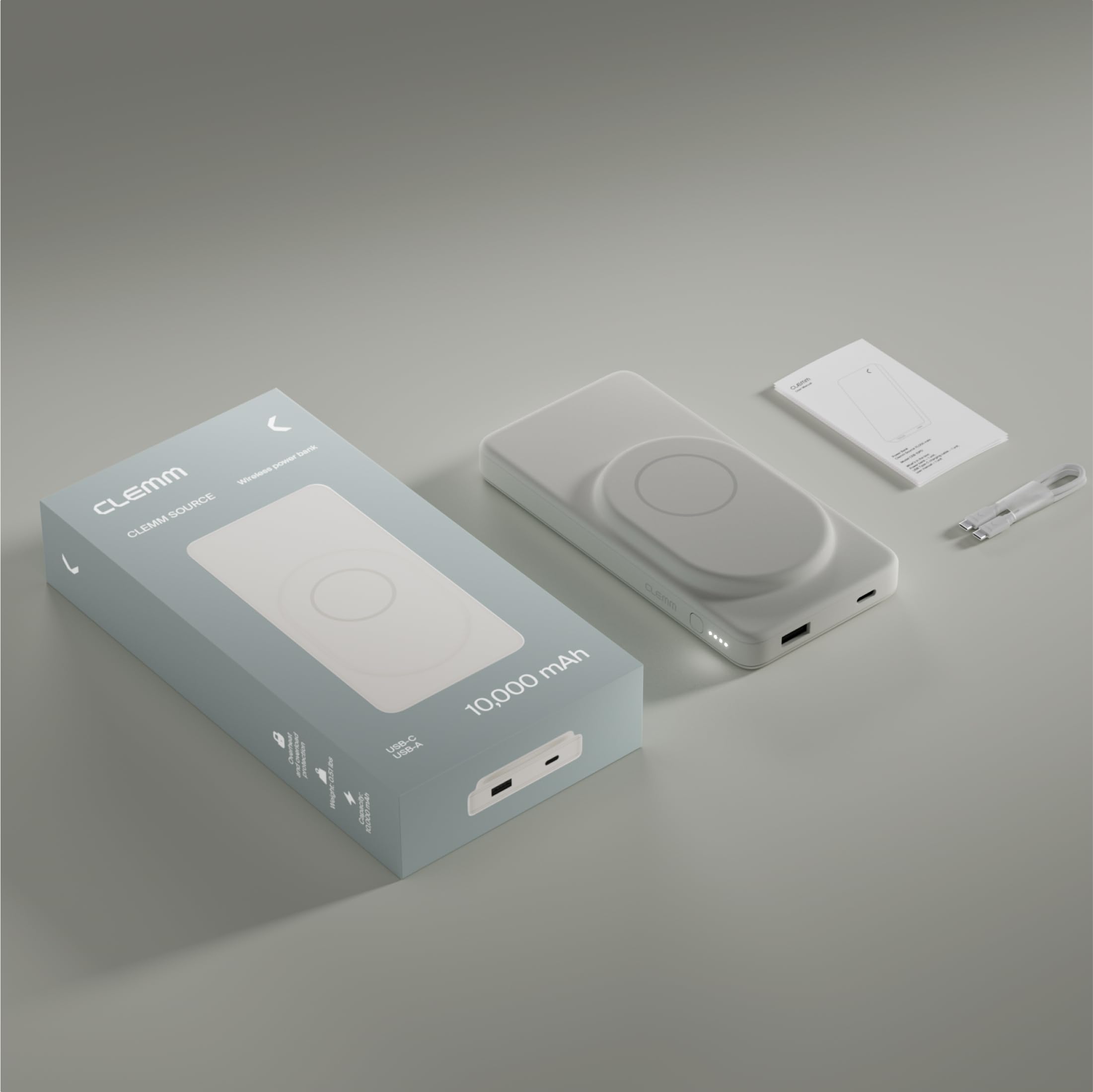 Clemm Cargador inalámbrico portátil de 10 K mAh de doble puerto (USB-A, USB-C) cargador de carga rápida para iPhone 16/15/14, Samsung Galaxy, iPad, Google Pixel y más, marfil