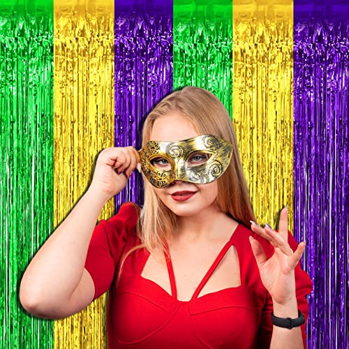 Image of 4 Pack Mardi Gras Foil Fringe Curtain Backdrop, 3.28Ft x 8.2Ft Gold Green Purple Metallic Tinsel Foil Fringe Streamers Curtains for Photo Booth, Wedding, Birthday, Carnival Party Decoration