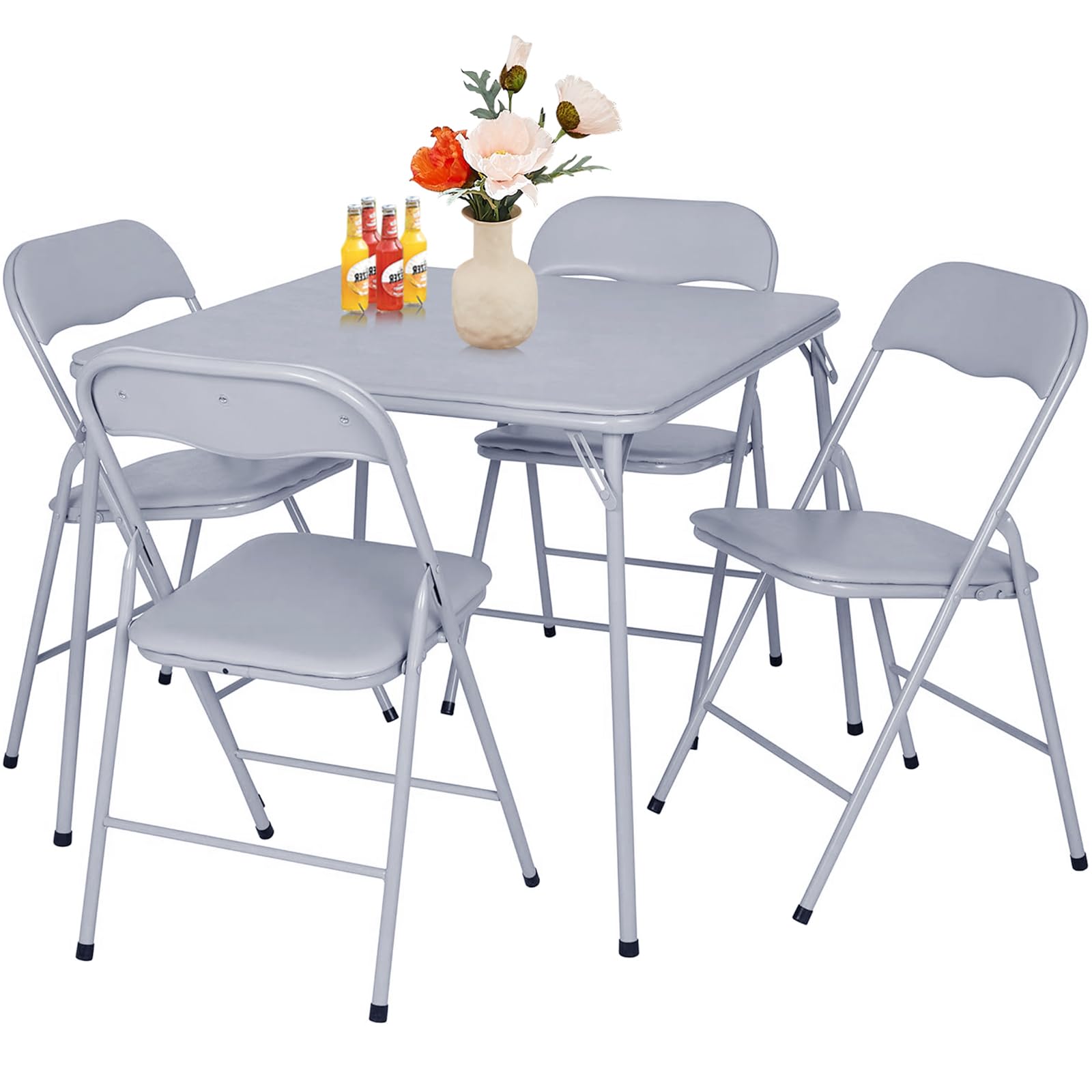 FurnitureR5-Piece Folding Table and Chair Set – Portable Square Table with 4 Padded Chairs, Space-Saving Dining or Card Game Set for Home, Indoor and Outdoor, No Assembly Required, Grey