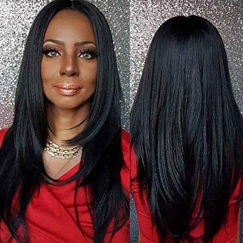 NOBLE Lace Front Wigs Free Part 13x4 Lace Frontal Wigs for Women Pre Plucked with Baby Hair Heat Resistant Synthetic Lace Front Wigs for Party and Daily Use (20 Inch, Black Color)