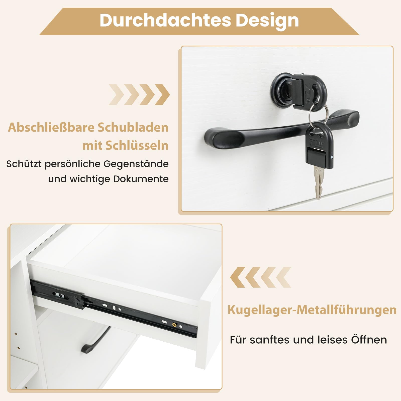 COSTWAY Rollcontainer mit 4 Schubladen, mobiler Aktenschrank abschließbar mit verstellbarem Regal & offenen Fächern, Büroschrank für Schreibtisch, Druckerständer für Zuhause, Büro (Weiß)