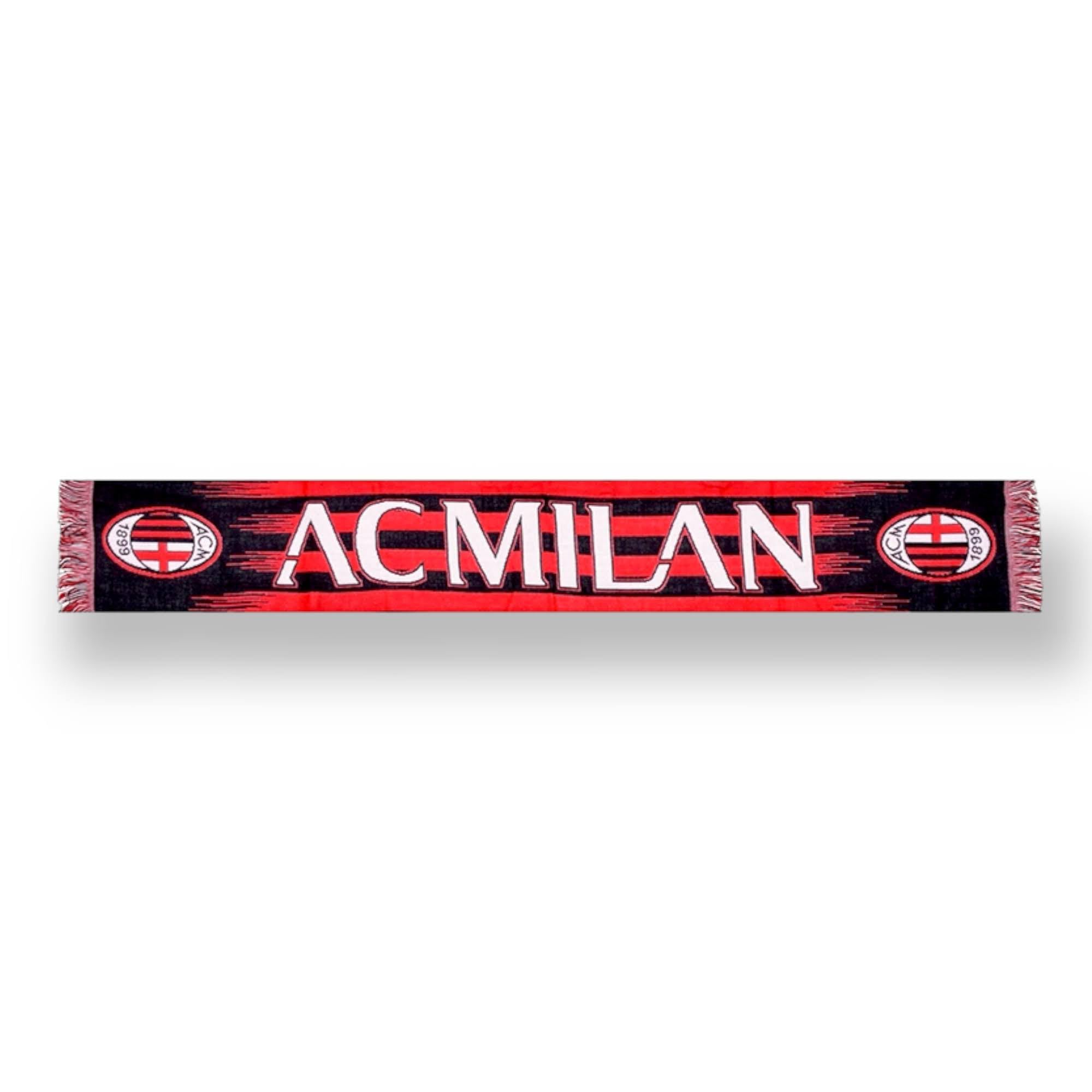 AC Milan Żakardowy szalik, czerwono-ukośne paski z białym napisem, oficjalny produkt 100% akryl, wyprodukowano we Włoszech