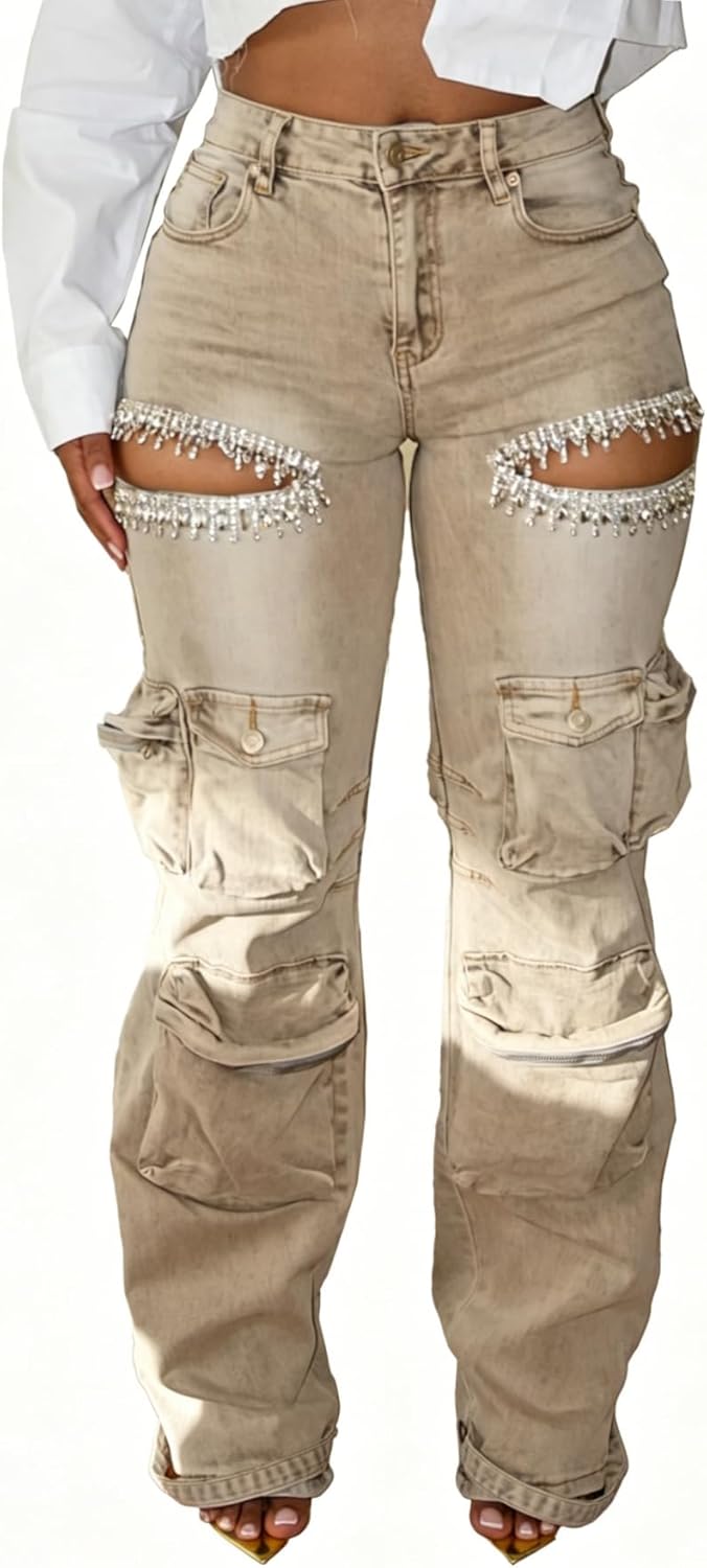 Unybwonn Women Rhinestone Cargo Jeans High Waisted Baggy Sexy Sparkly Cut Out Ripped Distressed Stretchy Denim Pants