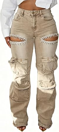 Unybwonn Women Rhinestone Cargo Jeans Baggy Ripped Stretchy Denim Pants