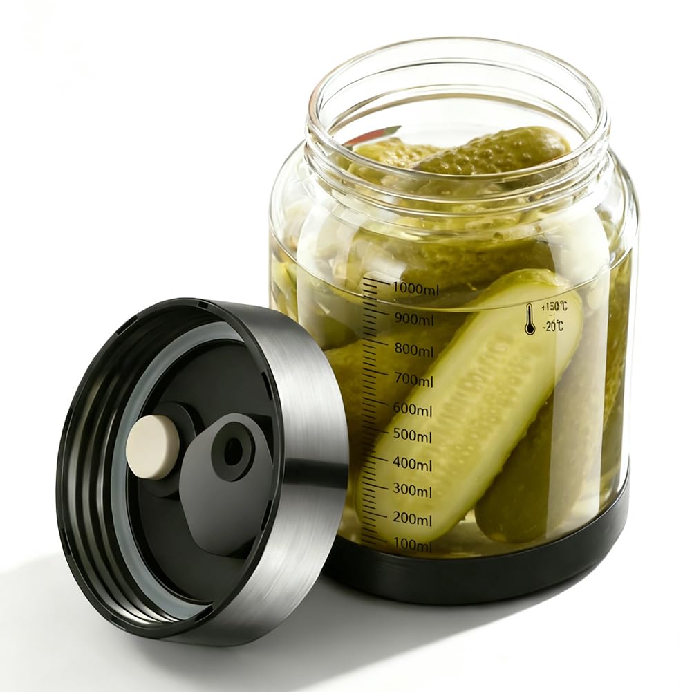 Bicchiere da fermentazione da 1 l, kimchi con coperchio, barattolo da fermentazione con valvola di fermentazione, vetro per fermentazione per crauti, kimchi, contenitore, avviatore di lievito