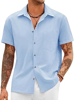 Runcati Mens Short Sleeve Button Up Shirts Linen Cotton Beach Tops Spread Collar Plain Summer T Shirt with Pocket