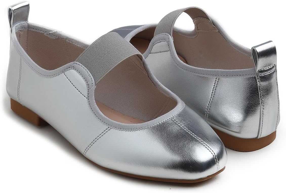 FEVERSOLE Women's Cushion Padded Comfort Square Toe Soft Mary Jane Dressy Elastic Strap Easy Slip on Work Office Flats