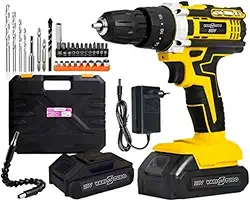 Furadeira e Parafusadeira de Impacto Sem Fio 21V com LED, 2 Baterias Recarregáveis Bivolt e 32 Acessórios - Maleta Completa para Uso Profissional