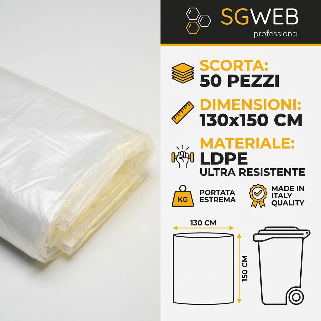 Sacchi Immondizia Trasparenti Ultra Giganti 130x150cm [50 Pezzi] in Polietilene Alta Resistenza per Spazzatura e Raccolta Differenziata, Buste Grandi Professionali per Rifiuti Ingen