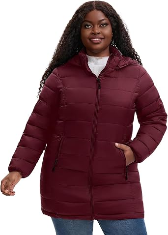 Plus Size Women Packable Puffer Jacket 1X-6X Water-Resistant Lightweight Puffer Coat Detachable Hood