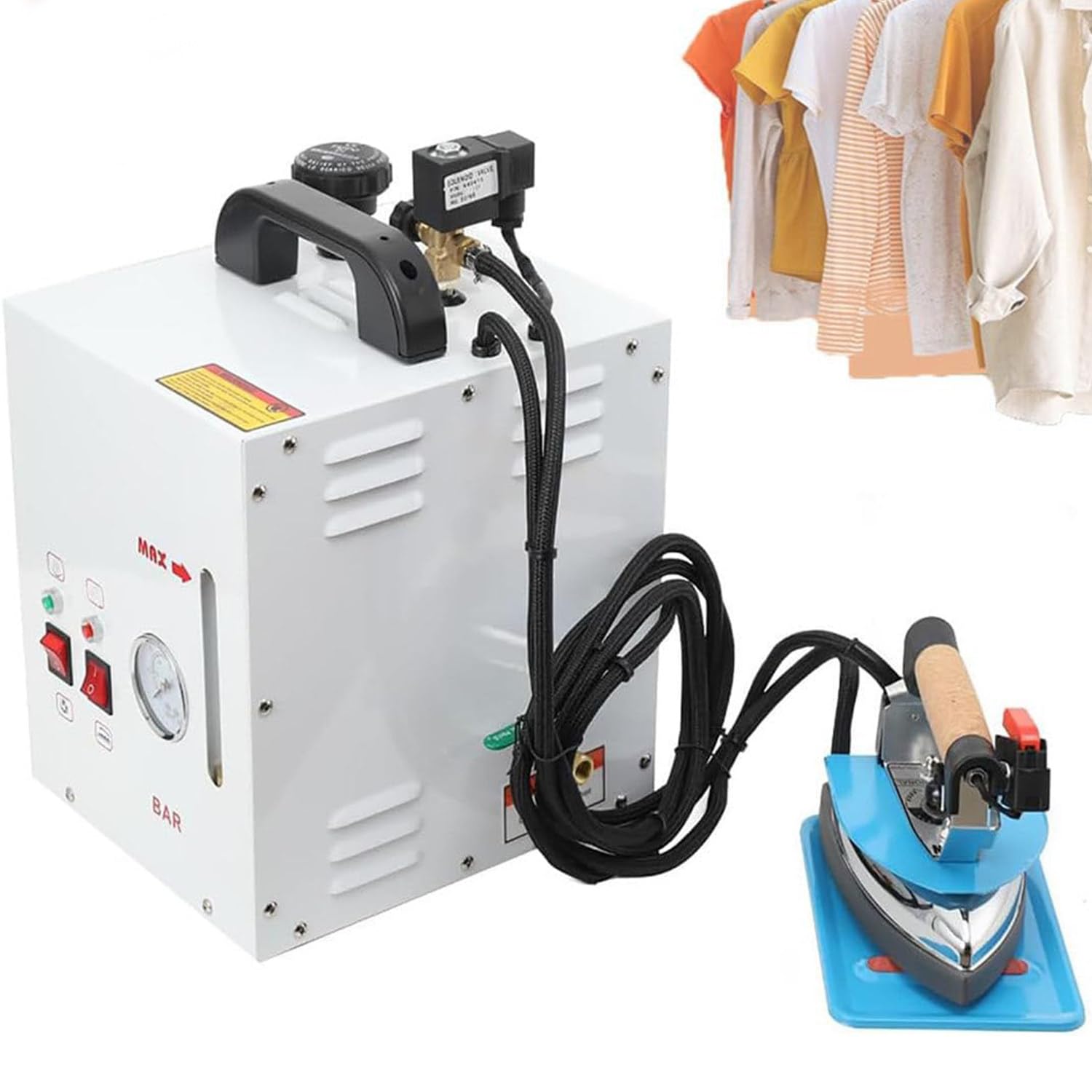 RETRIN Commercial Steam Iron,1600W Industrial Steam Ironing Station, 900W Iron Head, 4L Boiler, Pressure Gauge, for Factory Laundry Hotel & Tailor Shop