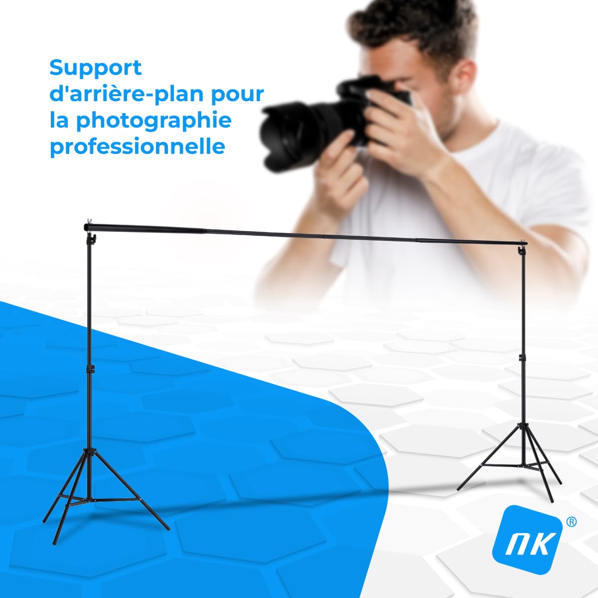 NK Support de Fond pour Photographie Professionnelle 2 x 3 mètres réglable et rétractable, 2 trépieds, 1 Barre transversale entrelacée, 6 Pinces, 4 Pinces latérales en Velcro, 1 Sac de Transport