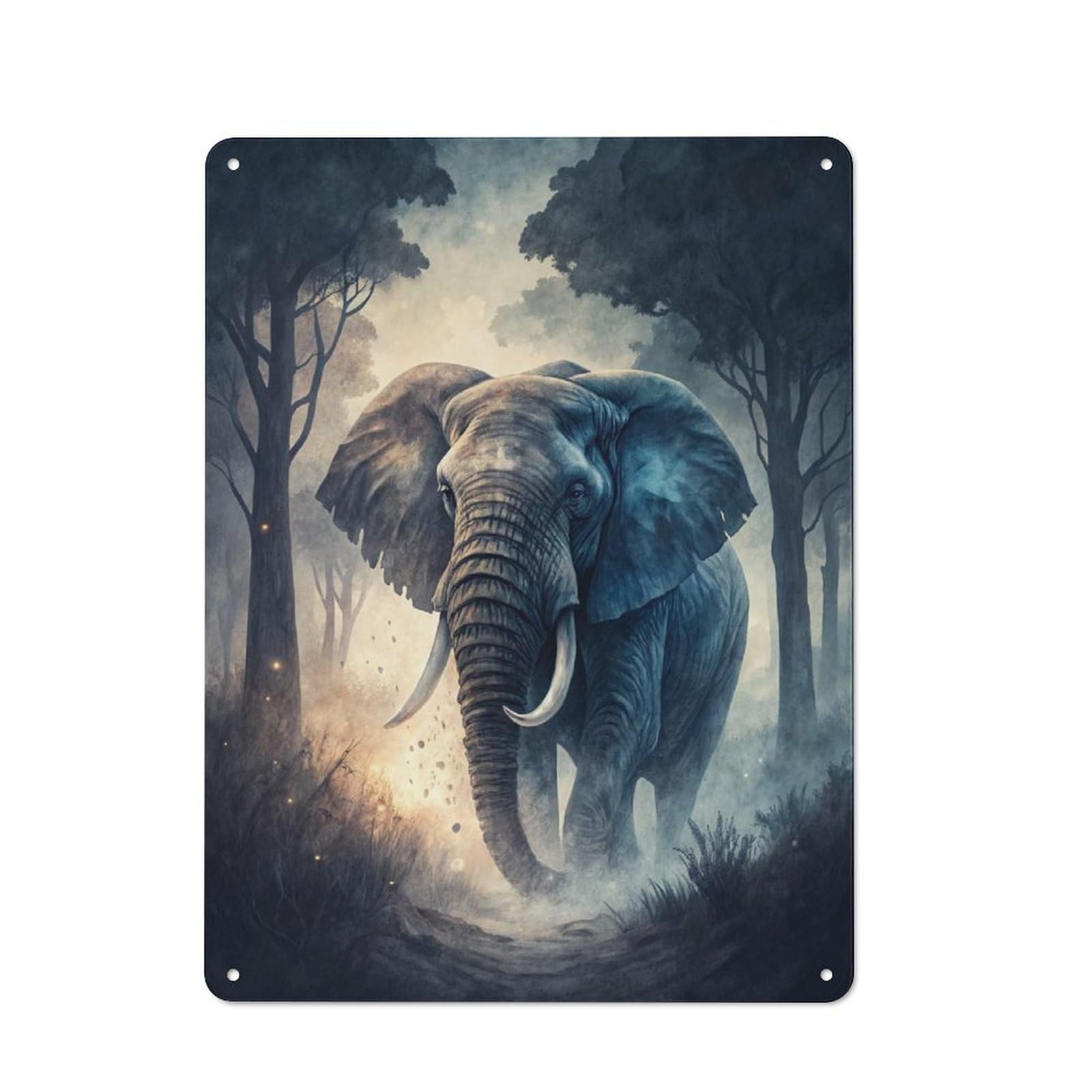 Junmoney Style-13 Urban Metal Wall Art Sign 40X30cm Featuring Elephant In A Misty Forest, Studio Wall Art For Modern Home, Workshop, Office Or Cafe