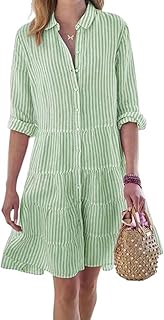 Womens Striped Button Down Midi Shirt Dress Casual Loose Cuffed Long Sleeve Mid Long Dresses - Buy now
