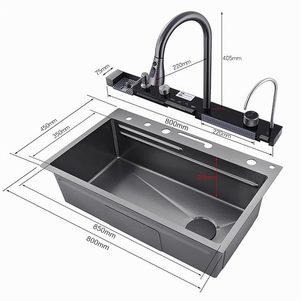 Wasserfall Küchenspüle 80x45 cm, Edelstahl Spülbecken Schwarz Anthrazit, Große Einbauspüle mit Wasserhahn, Küchenspüle 1 Becken, Komplettset mit Siphon, Ablauf- und Überlaufgarnitur