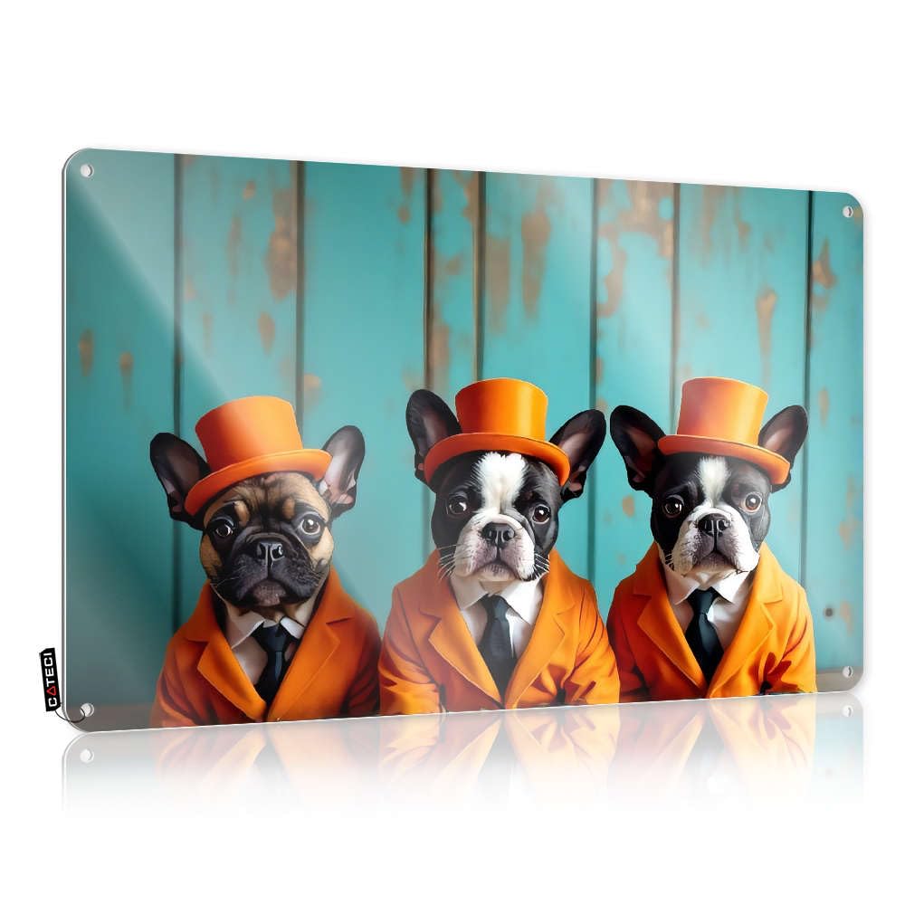 Vintage Poster Clock Custom Tin Sign, Ideas Fade Resistant Three Stylish Dogs In Orange Suits. For Home Kitchen | Cottage Vintage Decor For Pool Party(30X40CM)