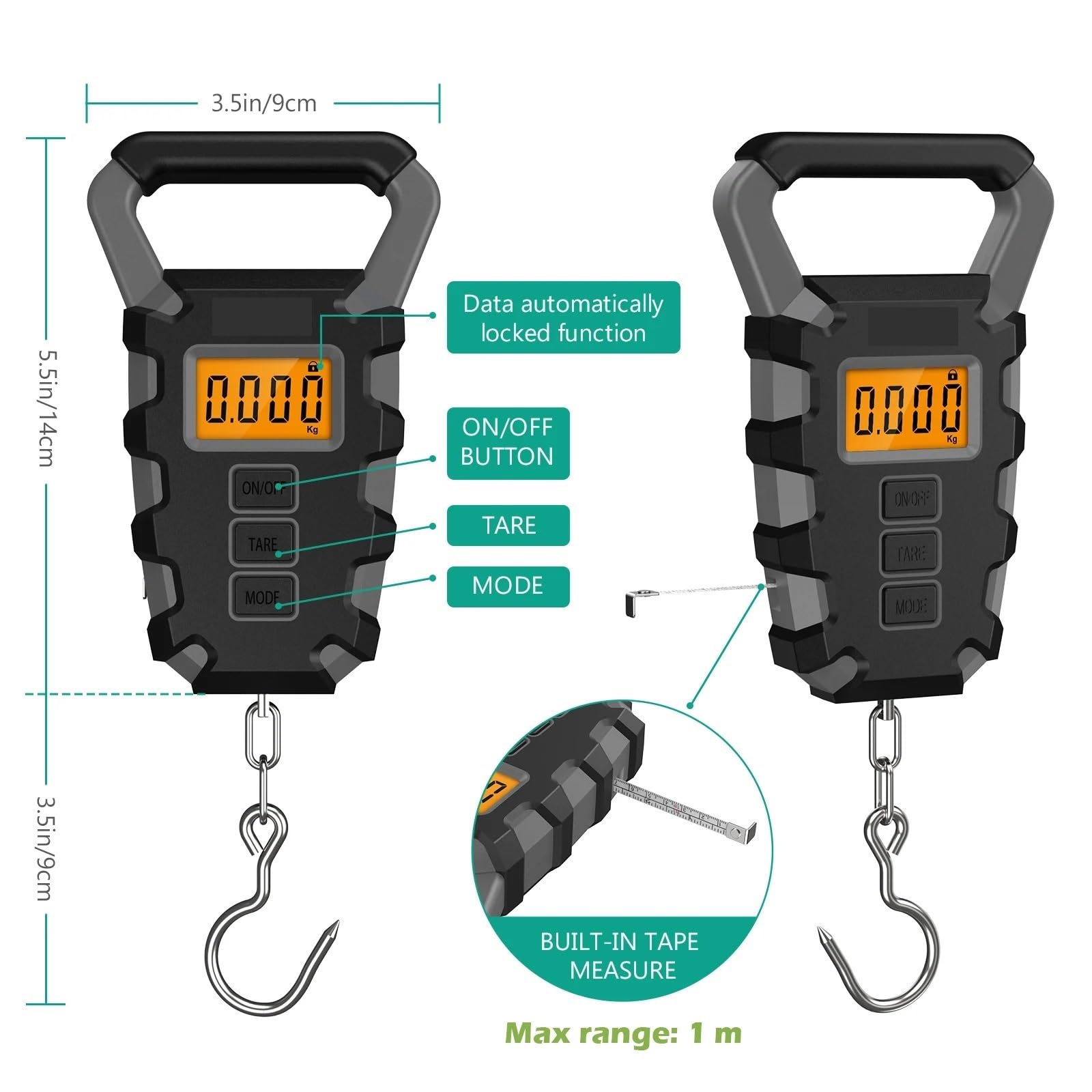 Bilancia digitale da 50 kg, viaggio, for bagagli, for pesare, con righello, for la casa, facile trasportare,Multiuso