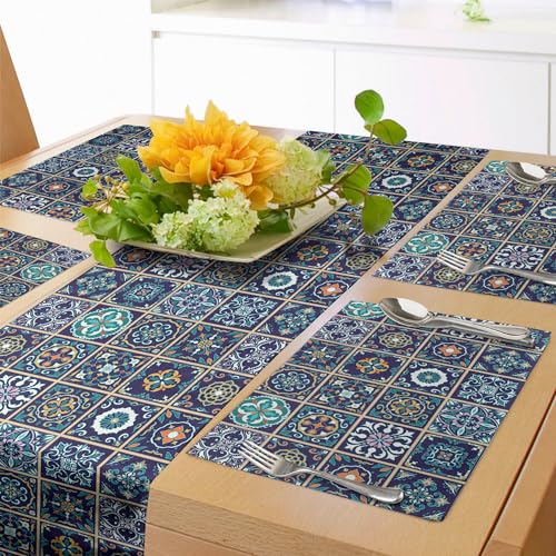 Lunarable Mosaic Table Runner & Placemats, Portuguese Azulejo Moroccan Culture Ceramic Tiles European Oriental, Set for Dining Table Decor, Placemat 4 pcs + Runner 16x72, Purple Teal Yellow