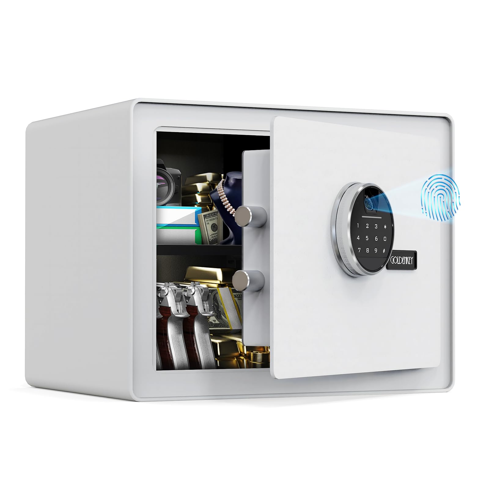 Goldenkey Luxuriöser Schmucktresor mit Fingerabdruck- und Tastaturschloss, Dokumentensafe mit weichem Samtfutter, herausnehmbares Regal, hohe Sicherheit