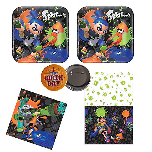 RDC Splatoon Party Supplies, 16 Guests - Small Plates, Napkins, tablecover + Birthday Button