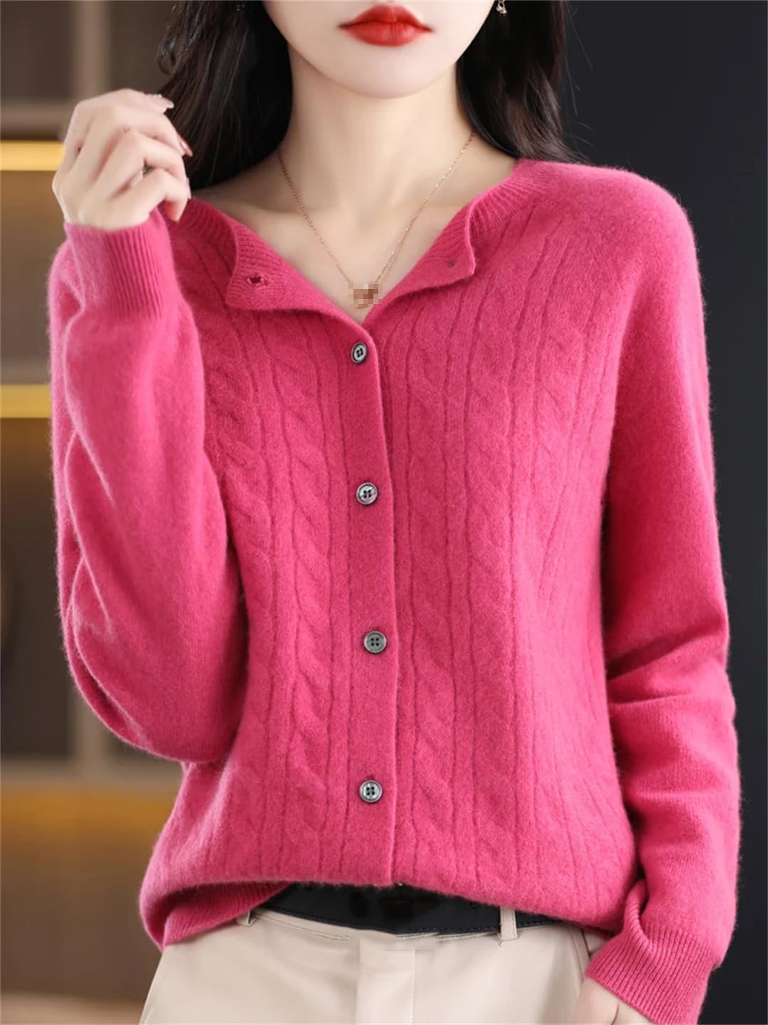 Maglione di lana merino del cachemire del O-Collo delle donne del cardigan lavorato a maglia maglieria ritorta