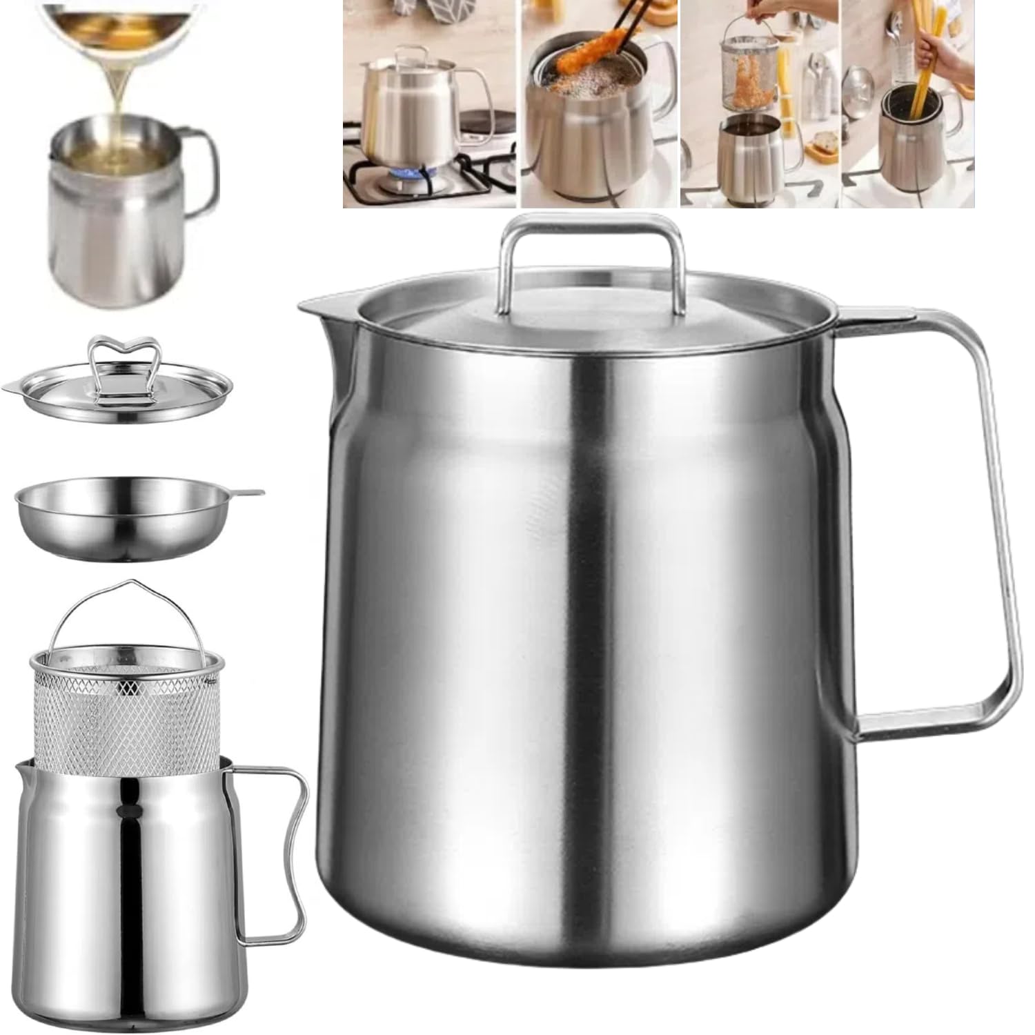 Pot Filtre à Huile 3L En Acier Inoxydable Avec Couvercle - Réutilisation Huiles De Cuisson