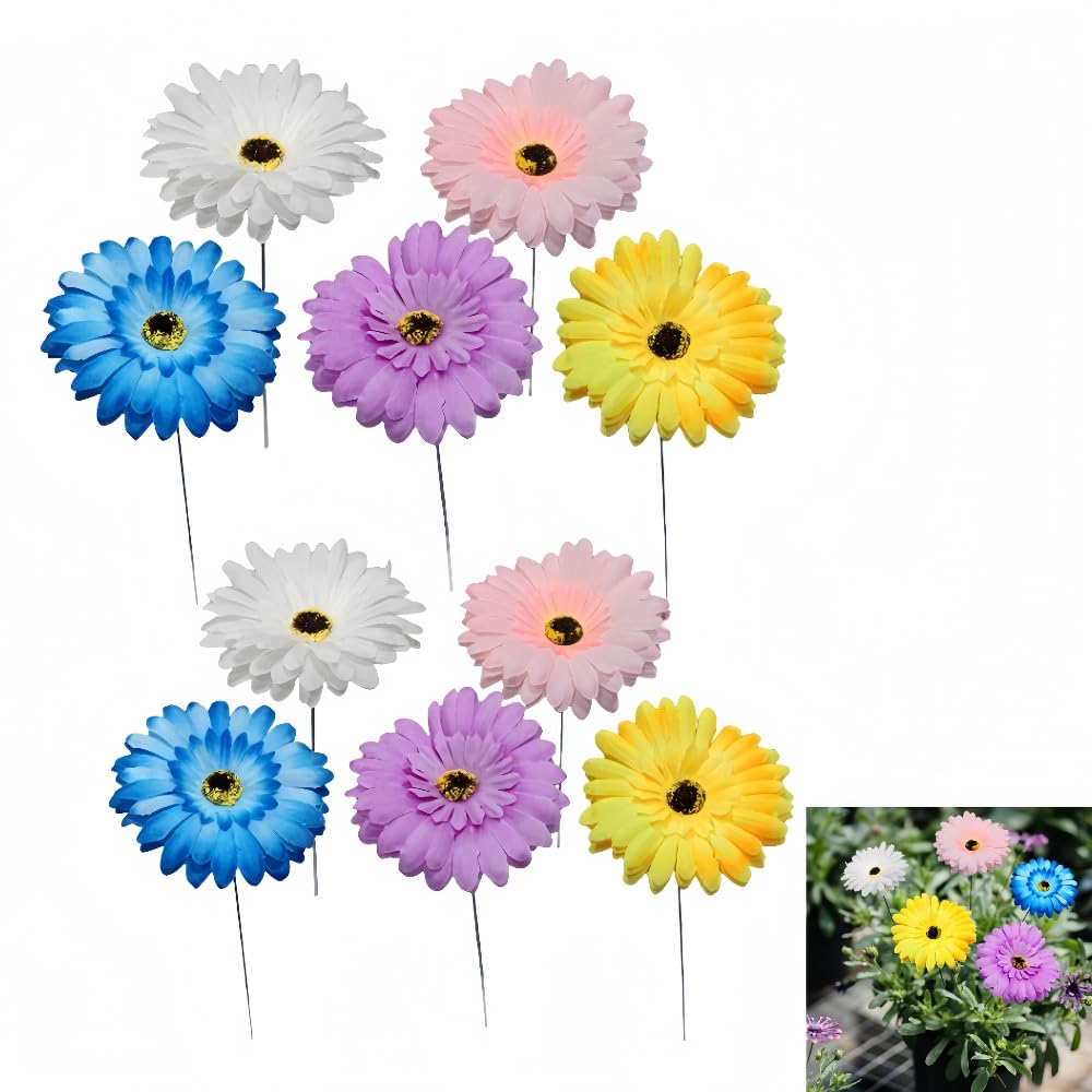Daisy Flower Garden Stakes Decor Metal Stakes Stick and Silk Artificial Flowers for Spring Resistant Flowers Patio, Lawn, Yard Decorations (10, Colorful)
