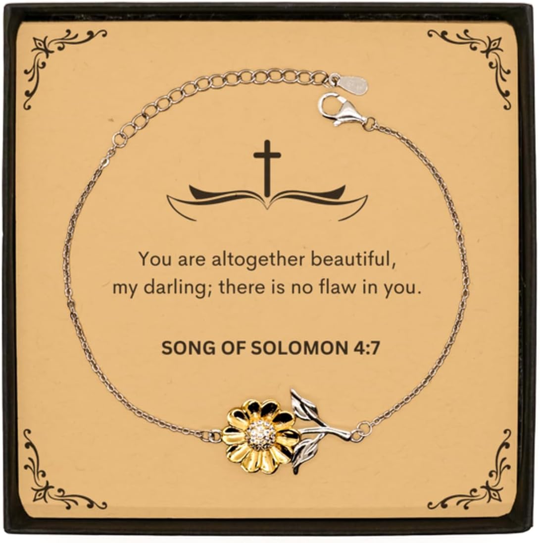 First Holy Communion Gifts Song of Solomon 4:7 Sunflower Bracelet Bible Verses Inspirational Religious Confirmation Gifts Song of Solomon 4:7 Baptism For Teenage Girls Romans 8:28