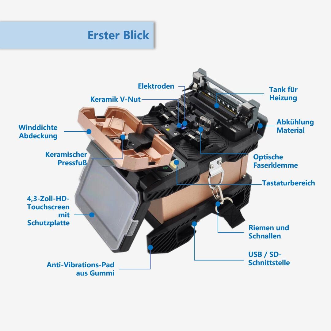 Glasfaser Spleißgerät Fusion Splicer, LWL Spleißgerät mit 4,3-Zoll-Touchscreen, Glasfaser-Spleiß-Kit mit 4 Motoren und großem Akku für FTTH