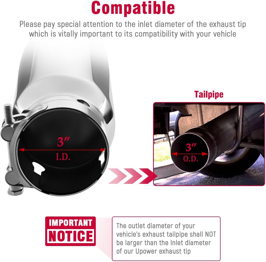 Upower Exhaust Tip 3" Inlet, 3” Inlet 4” Outlet 12” Long Stainless Steel Polished Clamp On Muffler Tip For Truck Tailpipe