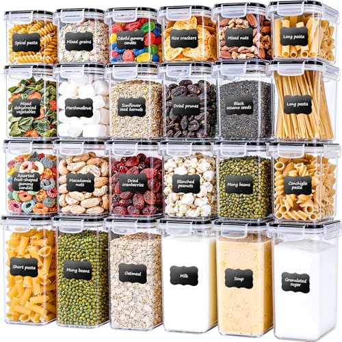 Mavivegue 24 Pack Food Storage Containers with Lids – BPA-Free, 33.6L Airtight Kitchen Food Containers for Cereal, Flour, Pasta, Sugar & Baking Supplies with 24 Labels & 1 Marker
