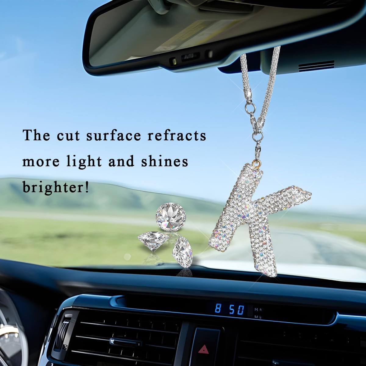 DXNQ Bling Initial Car Rear View Mirror Ornament, Crystal Sparkling Cute Letter Charm Pendant Auto Decor, Hanging Lucky Diamond Initial Charm Car Mirror Bag Ornament for Girl Women (Letter K) image 3
